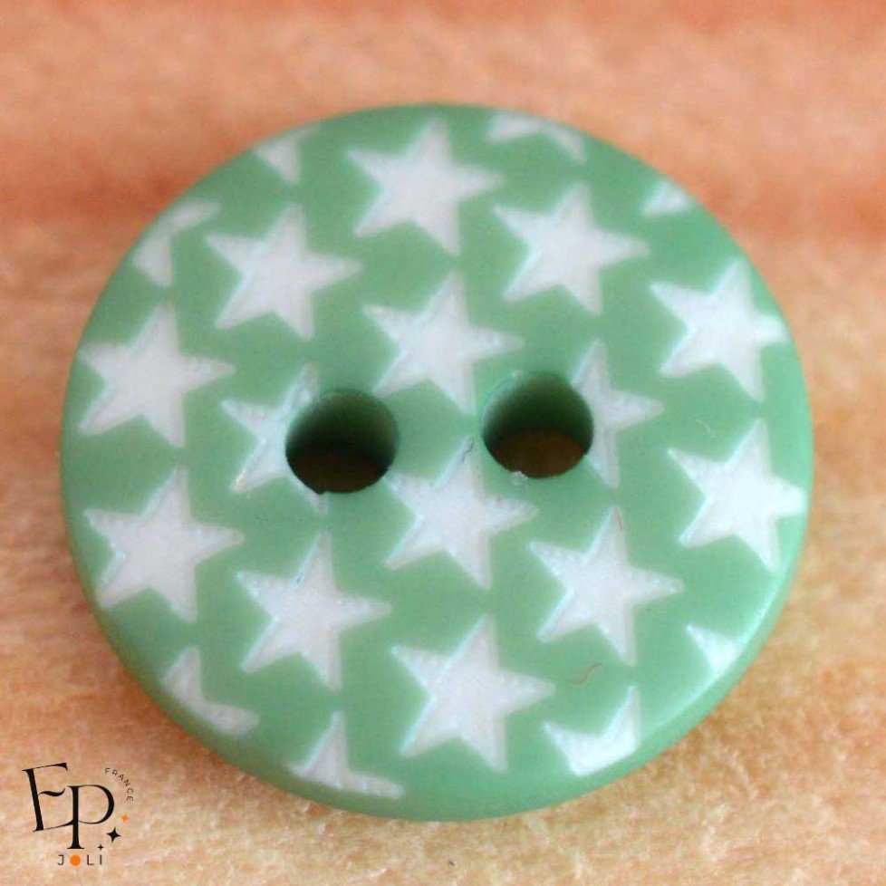 Bouton Vert Etoiles blanches 12 mm Bouton Vert Etoiles blanches 12 mm