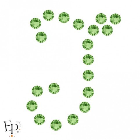 Motif J avec Strass Hotfix Swarovski Xilion 2038 SS10 (3 mm) et SS16 (4 mm) coloris Péridot thermocollant