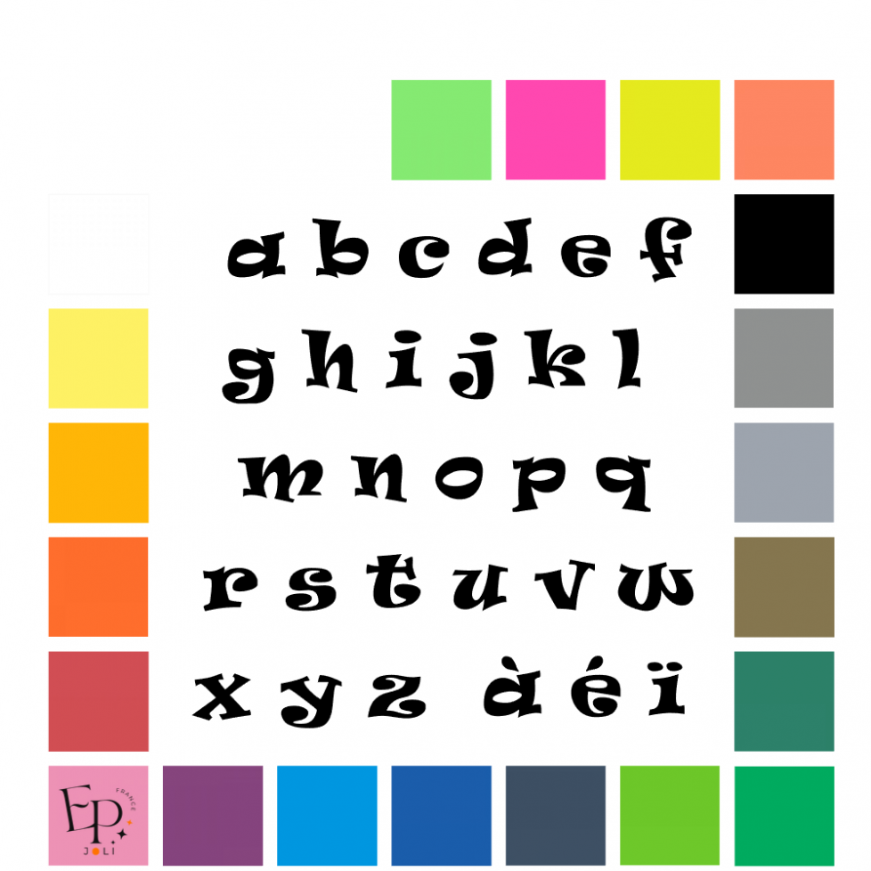 Lettres minuscules à floquer style Fun (police Ravie) - Uni mat thermocollant Lettres minuscules à floquer style Fun (police Ravie) - Uni mat thermocollant