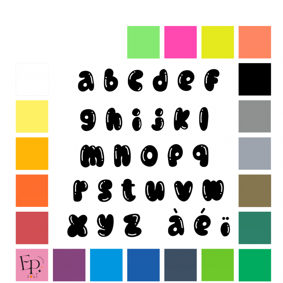 Lettres minuscules à floquer style Bulle de savon (police Buble Brat) - Uni mat thermocollant Lettres minuscules à floquer style Bulle de savon (police Buble Brat) - Uni mat thermocollant