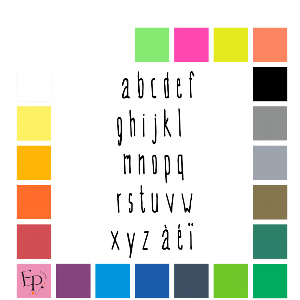 Lettres minuscules à floquer style Haut (police Nf Evey) - Uni mat thermocollant Lettres minuscules à floquer style Haut (police Nf Evey) - Uni mat thermocollant
