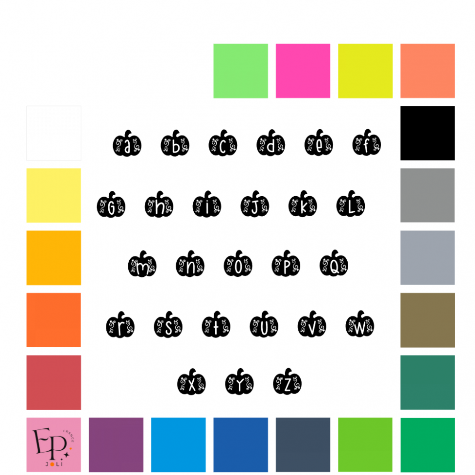 Lettres minuscules à floquer sans accent style Citrouille (police Sb Pumpkin Monogram) - Uni mat thermocollant Lettres minuscules à floquer sans accent style Citrouille (police Sb Pumpkin Monogram) - Uni mat thermocollant
