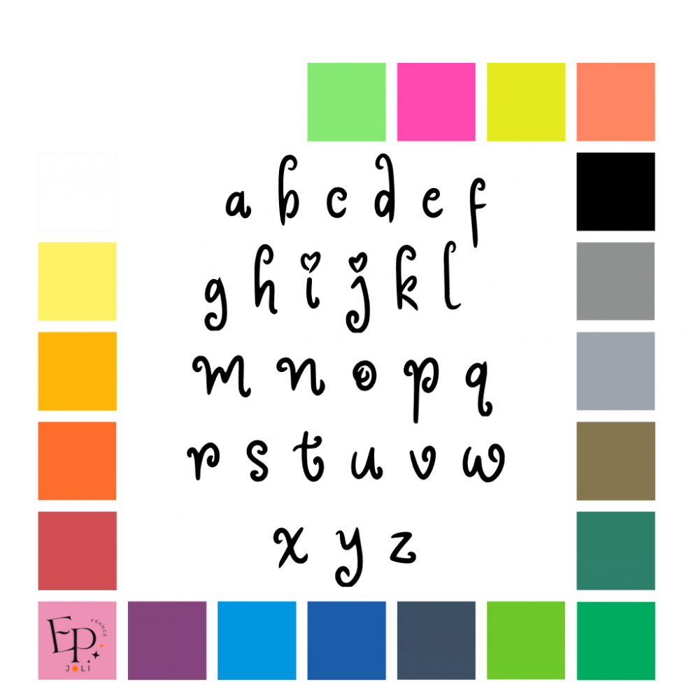 Lettres minuscules à floquer sans accent style Rose (police Rosita) - Uni mat thermocollant Lettres minuscules à floquer sans accent style Rose (police Rosita) - Uni mat thermocollant