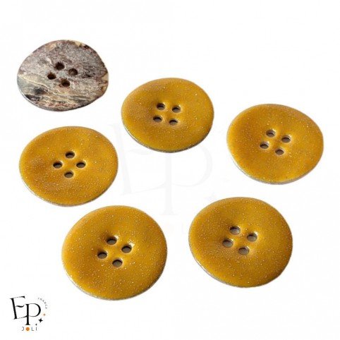 Bouton en nacre Akoya orange melon pailleté doré 22 mm 4 trous