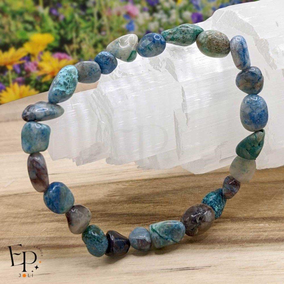 Bracelet en pierre naturelle Chrysocolle-Shattuckite roulée bleu turquoise – communication et clarté