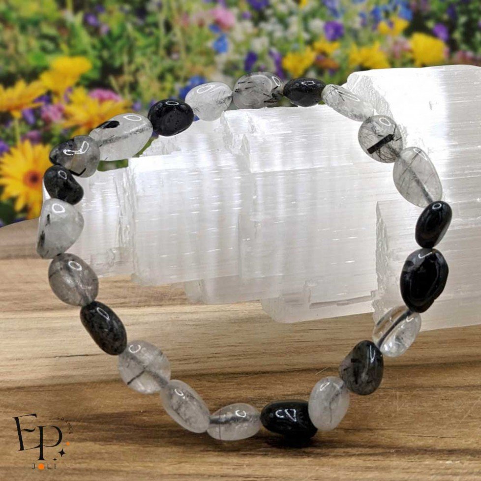 Bracelet en pierre naturelle Cristal de Roche-Tourmaline roulée noire – protection et clarté