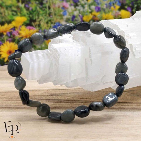 Bracelet en pierre naturelle Tourmaline Œil de Chat roulée gris – protection et clarté - pierre de taille moyenne