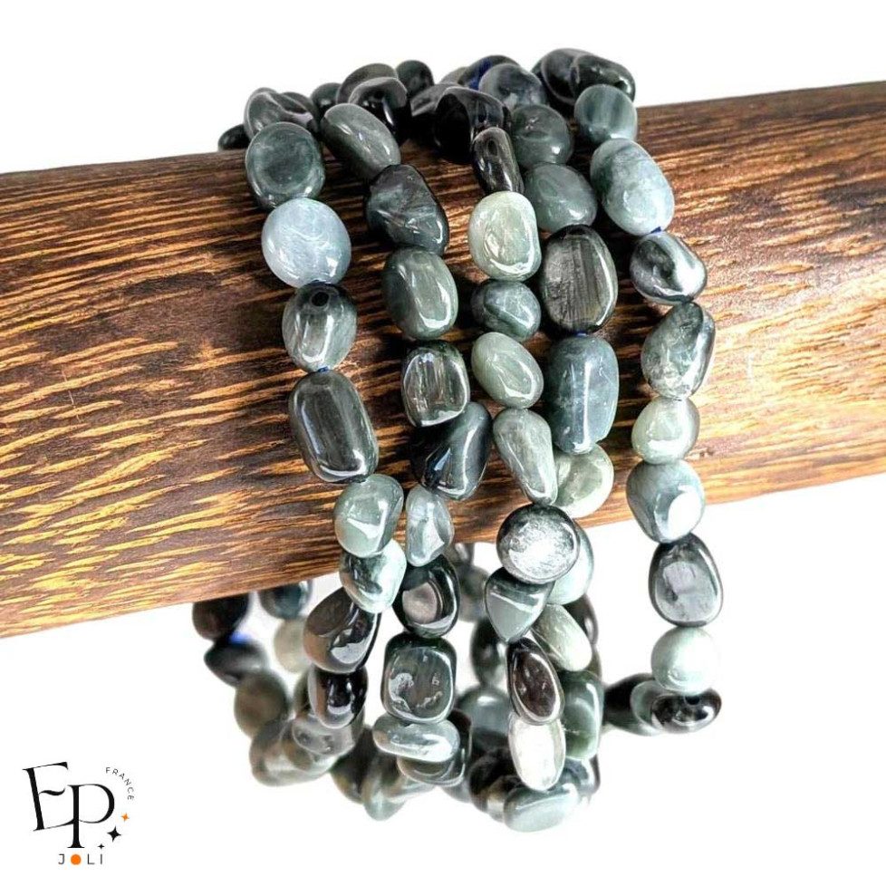 Bracelets Tourmaline Œil de Chat - pierre naturelle roulée – protection - petites pierres grises