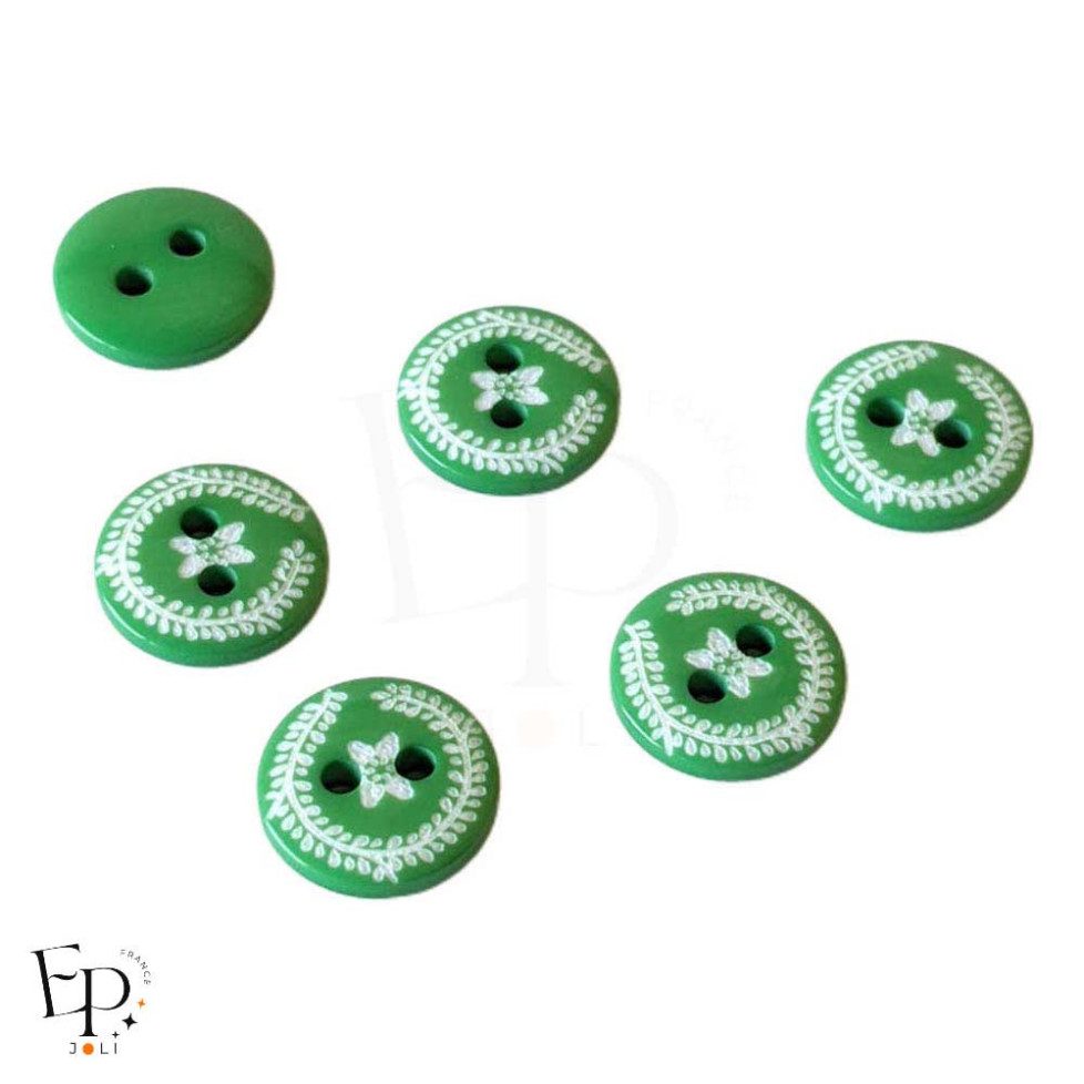Boutons verts satinés avec rameau et papillon blanc (face et dos)