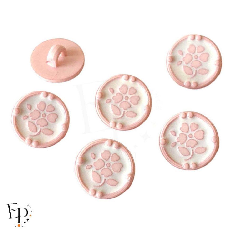 Boutons à queue Fleur Rose Blanc émaillés à la main 12 mm - face et dos