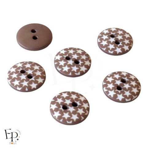 Boutons Marron Etoiles Blanches 12 mm - face et dos