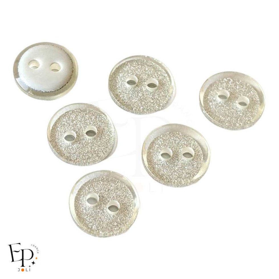 Boutons translucides Paillettes Argentées 10 mm - Face et dos
