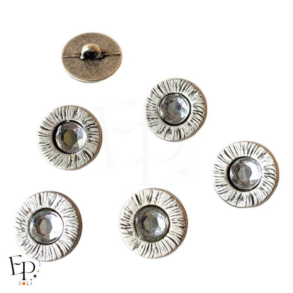 Boutons Métallisés Argent Strass à queue 15 mm - face et dos